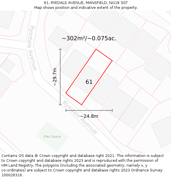61, RYEDALE AVENUE, MANSFIELD, NG18 3GT: Plot and title map