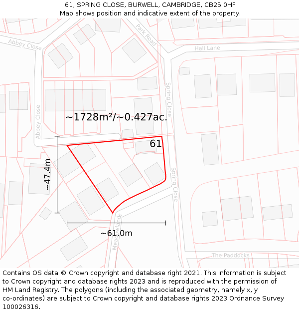 61, SPRING CLOSE, BURWELL, CAMBRIDGE, CB25 0HF: Plot and title map