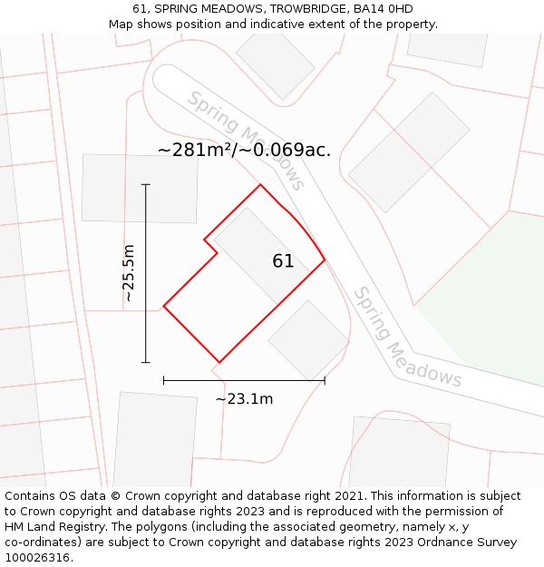 61, SPRING MEADOWS, TROWBRIDGE, BA14 0HD: Plot and title map
