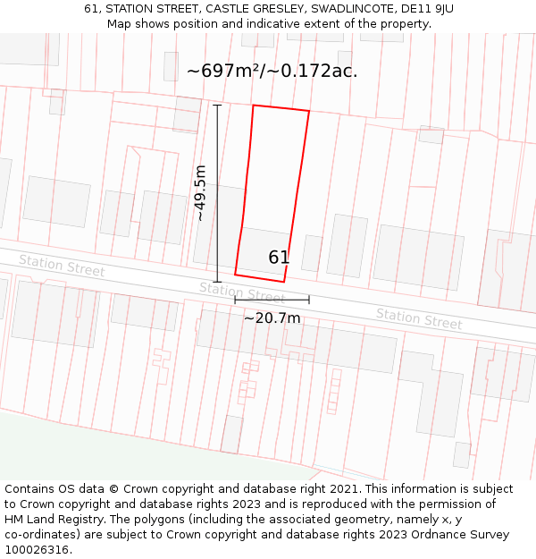 61, STATION STREET, CASTLE GRESLEY, SWADLINCOTE, DE11 9JU: Plot and title map
