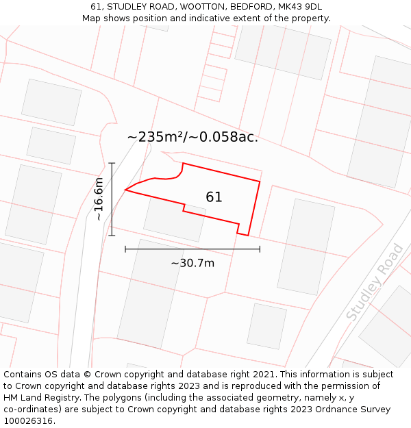 61, STUDLEY ROAD, WOOTTON, BEDFORD, MK43 9DL: Plot and title map