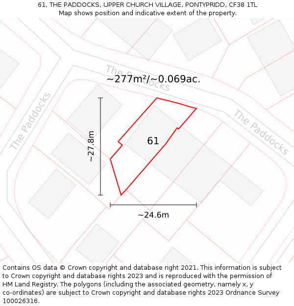 61, THE PADDOCKS, UPPER CHURCH VILLAGE, PONTYPRIDD, CF38 1TL: Plot and title map