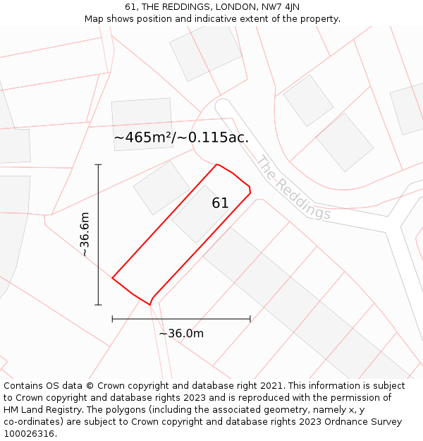 61, THE REDDINGS, LONDON, NW7 4JN: Plot and title map