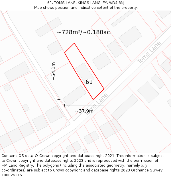 61, TOMS LANE, KINGS LANGLEY, WD4 8NJ: Plot and title map