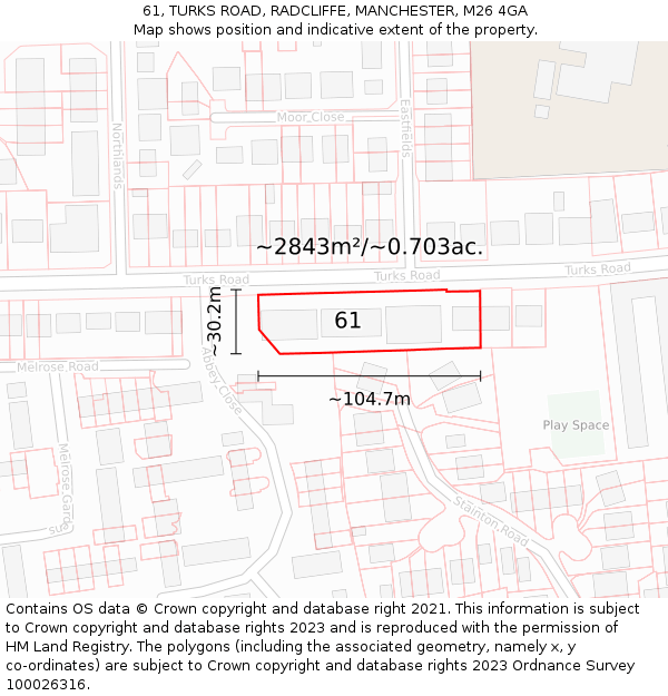 61, TURKS ROAD, RADCLIFFE, MANCHESTER, M26 4GA: Plot and title map