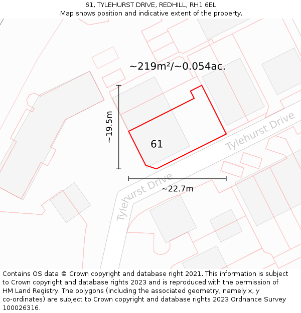 61, TYLEHURST DRIVE, REDHILL, RH1 6EL: Plot and title map