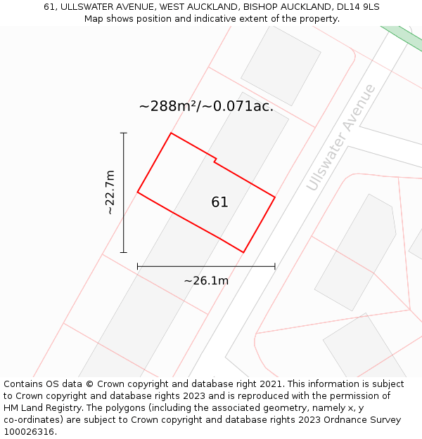 61, ULLSWATER AVENUE, WEST AUCKLAND, BISHOP AUCKLAND, DL14 9LS: Plot and title map