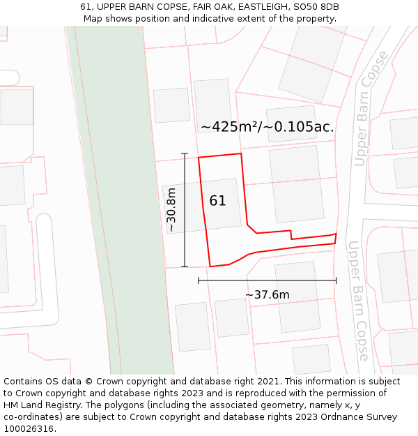 61, UPPER BARN COPSE, FAIR OAK, EASTLEIGH, SO50 8DB: Plot and title map