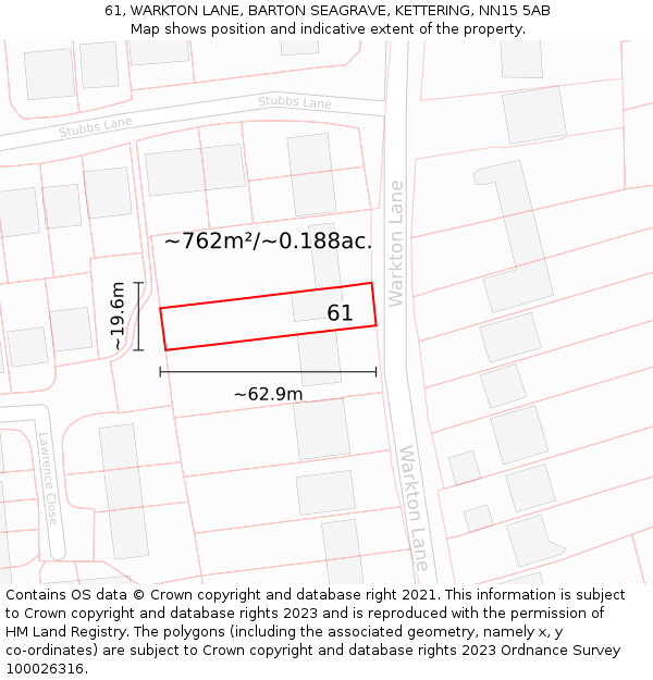 61, WARKTON LANE, BARTON SEAGRAVE, KETTERING, NN15 5AB: Plot and title map