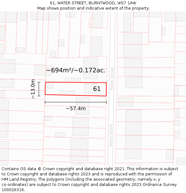 61, WATER STREET, BURNTWOOD, WS7 1AW: Plot and title map