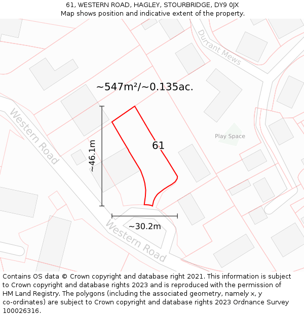 61, WESTERN ROAD, HAGLEY, STOURBRIDGE, DY9 0JX: Plot and title map