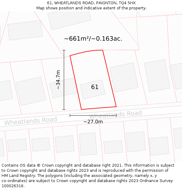 61, WHEATLANDS ROAD, PAIGNTON, TQ4 5HX: Plot and title map
