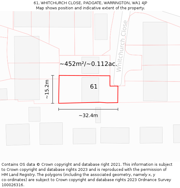 61, WHITCHURCH CLOSE, PADGATE, WARRINGTON, WA1 4JP: Plot and title map