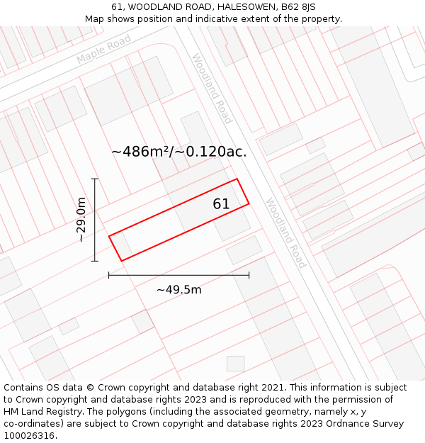 61, WOODLAND ROAD, HALESOWEN, B62 8JS: Plot and title map