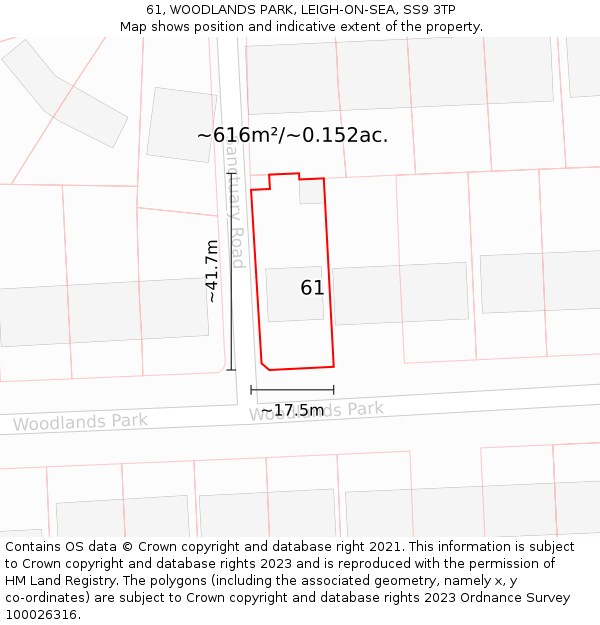 61, WOODLANDS PARK, LEIGH-ON-SEA, SS9 3TP: Plot and title map