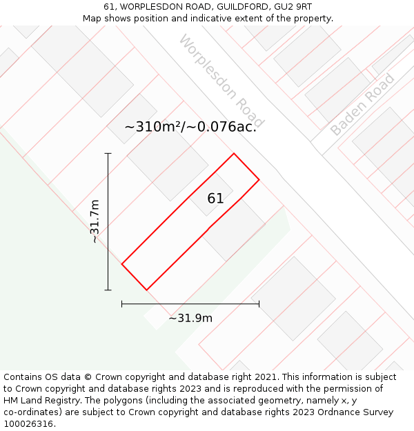 61, WORPLESDON ROAD, GUILDFORD, GU2 9RT: Plot and title map