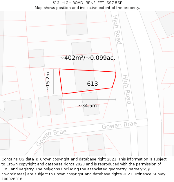 613, HIGH ROAD, BENFLEET, SS7 5SF: Plot and title map