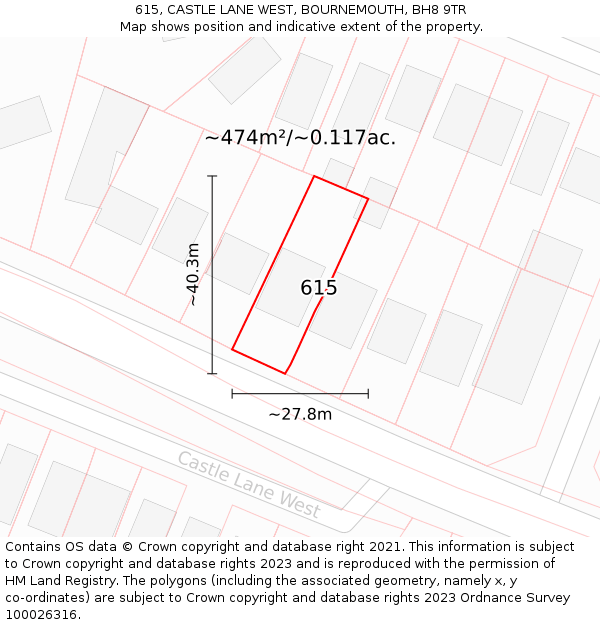 615, CASTLE LANE WEST, BOURNEMOUTH, BH8 9TR: Plot and title map
