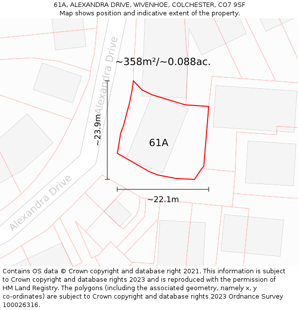 61A, ALEXANDRA DRIVE, WIVENHOE, COLCHESTER, CO7 9SF: Plot and title map