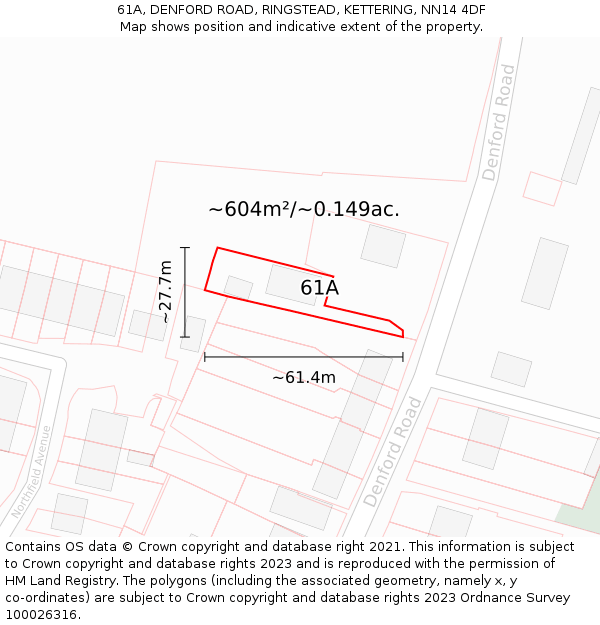 61A, DENFORD ROAD, RINGSTEAD, KETTERING, NN14 4DF: Plot and title map