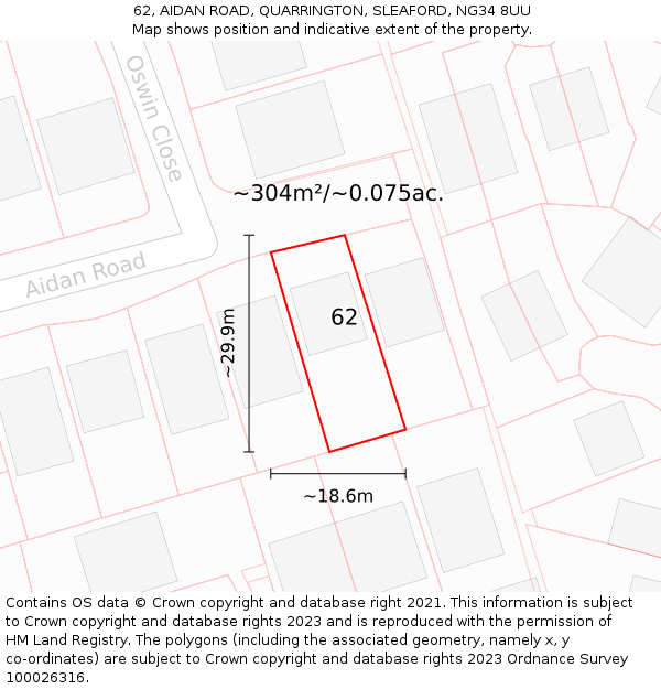 62, AIDAN ROAD, QUARRINGTON, SLEAFORD, NG34 8UU: Plot and title map