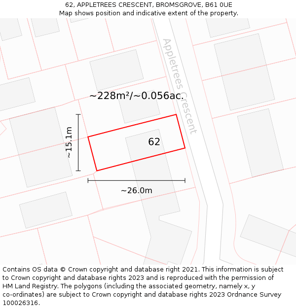 62, APPLETREES CRESCENT, BROMSGROVE, B61 0UE: Plot and title map