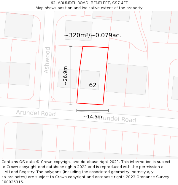 62, ARUNDEL ROAD, BENFLEET, SS7 4EF: Plot and title map