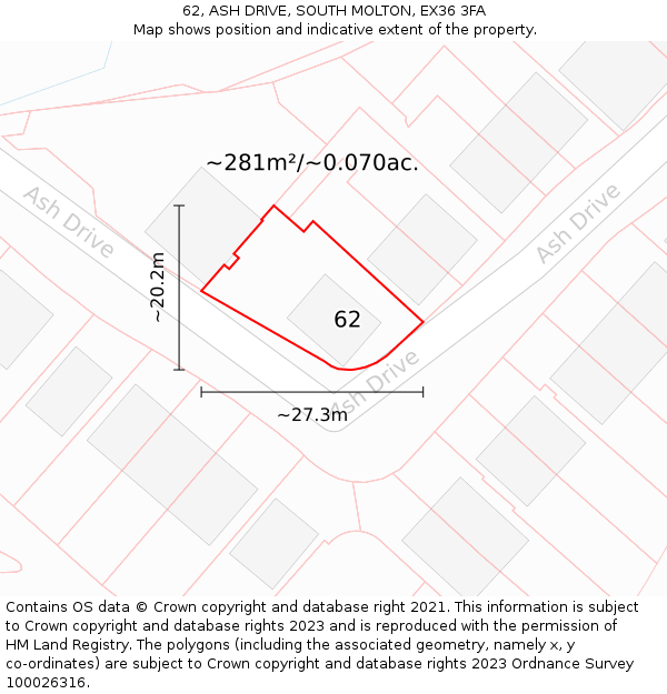 62, ASH DRIVE, SOUTH MOLTON, EX36 3FA: Plot and title map