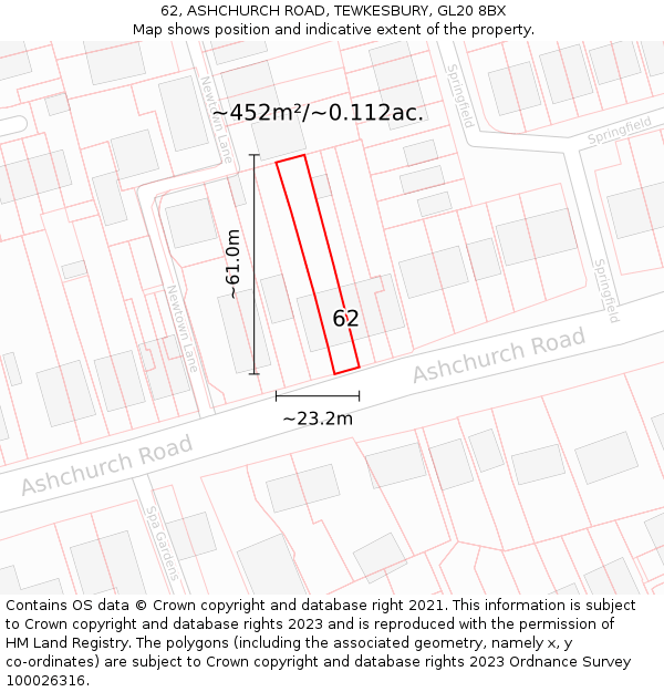 62, ASHCHURCH ROAD, TEWKESBURY, GL20 8BX: Plot and title map