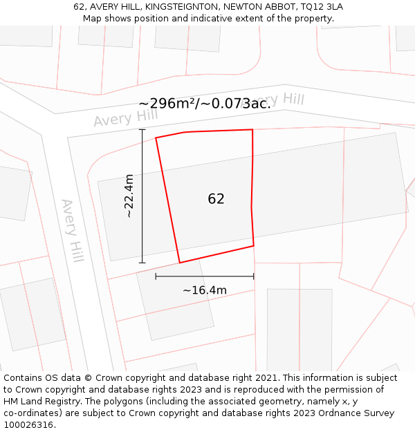 62, AVERY HILL, KINGSTEIGNTON, NEWTON ABBOT, TQ12 3LA: Plot and title map