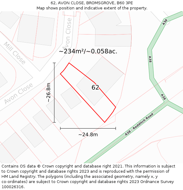 62, AVON CLOSE, BROMSGROVE, B60 3PE: Plot and title map