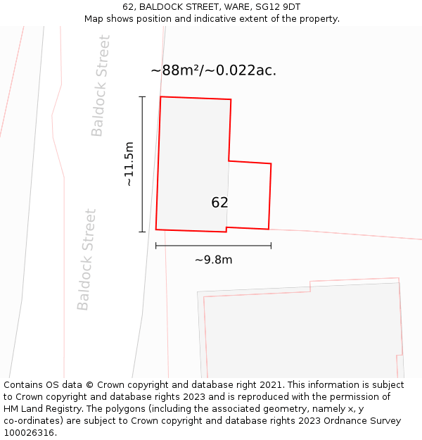 62, BALDOCK STREET, WARE, SG12 9DT: Plot and title map