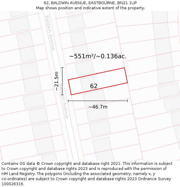 62, BALDWIN AVENUE, EASTBOURNE, BN21 1UP: Plot and title map