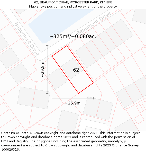 62, BEAUMONT DRIVE, WORCESTER PARK, KT4 8FG: Plot and title map