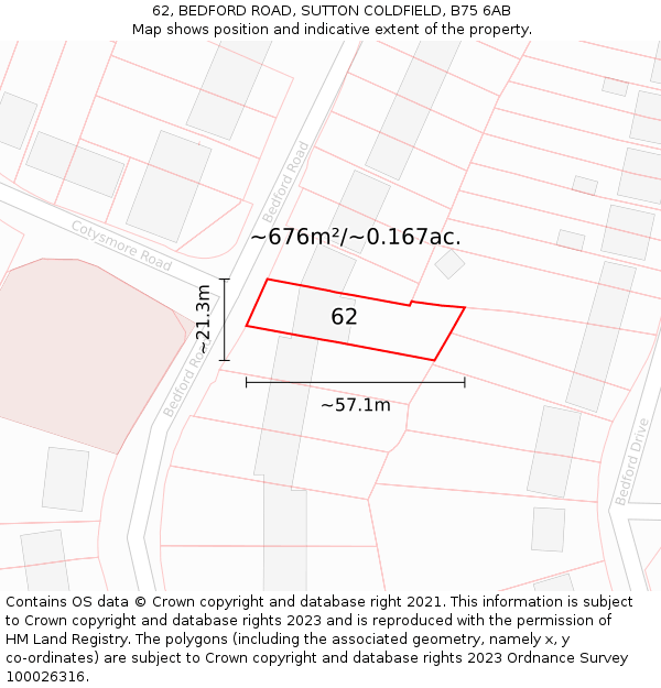 62, BEDFORD ROAD, SUTTON COLDFIELD, B75 6AB: Plot and title map