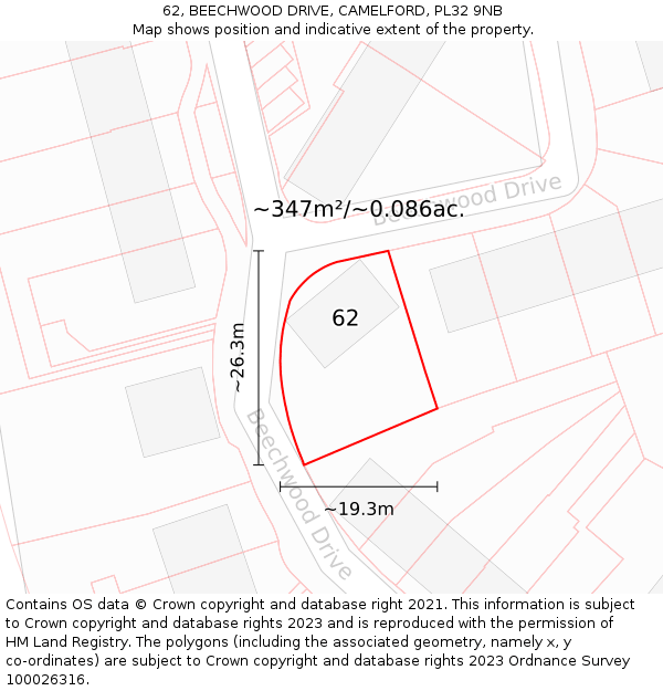 62, BEECHWOOD DRIVE, CAMELFORD, PL32 9NB: Plot and title map