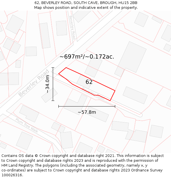 62, BEVERLEY ROAD, SOUTH CAVE, BROUGH, HU15 2BB: Plot and title map