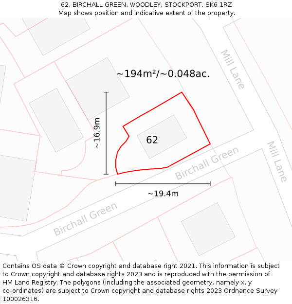 62, BIRCHALL GREEN, WOODLEY, STOCKPORT, SK6 1RZ: Plot and title map
