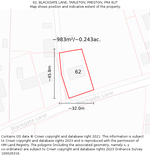 62, BLACKGATE LANE, TARLETON, PRESTON, PR4 6UT: Plot and title map