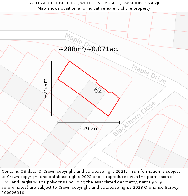 62, BLACKTHORN CLOSE, WOOTTON BASSETT, SWINDON, SN4 7JE: Plot and title map