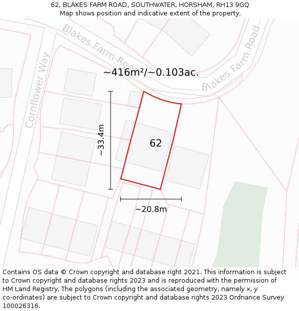 62, BLAKES FARM ROAD, SOUTHWATER, HORSHAM, RH13 9GQ: Plot and title map
