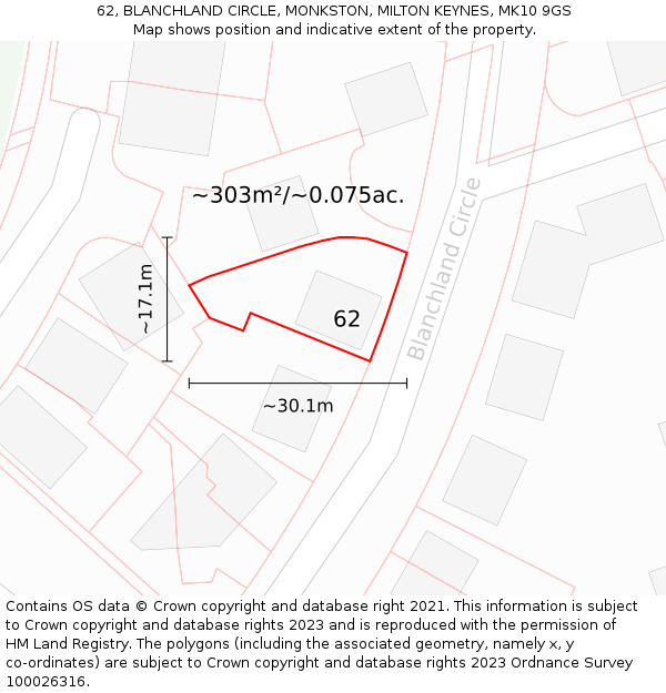 62, BLANCHLAND CIRCLE, MONKSTON, MILTON KEYNES, MK10 9GS: Plot and title map