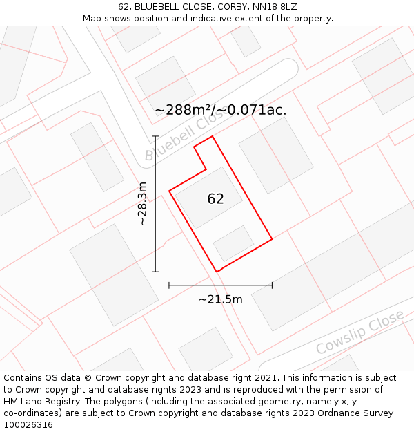 62, BLUEBELL CLOSE, CORBY, NN18 8LZ: Plot and title map