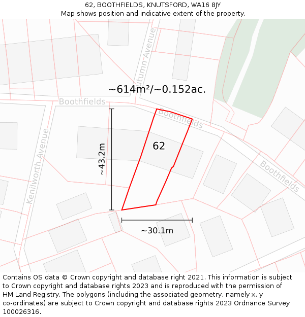 62, BOOTHFIELDS, KNUTSFORD, WA16 8JY: Plot and title map