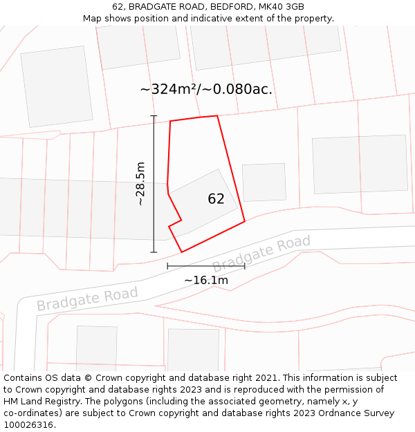 62, BRADGATE ROAD, BEDFORD, MK40 3GB: Plot and title map