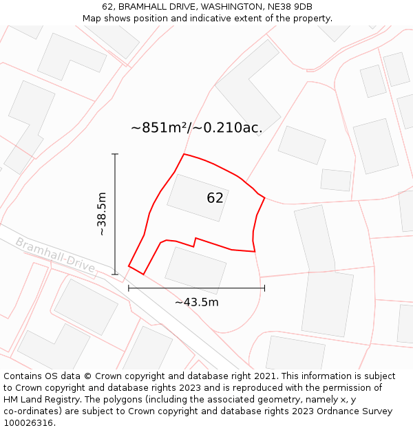 62, BRAMHALL DRIVE, WASHINGTON, NE38 9DB: Plot and title map