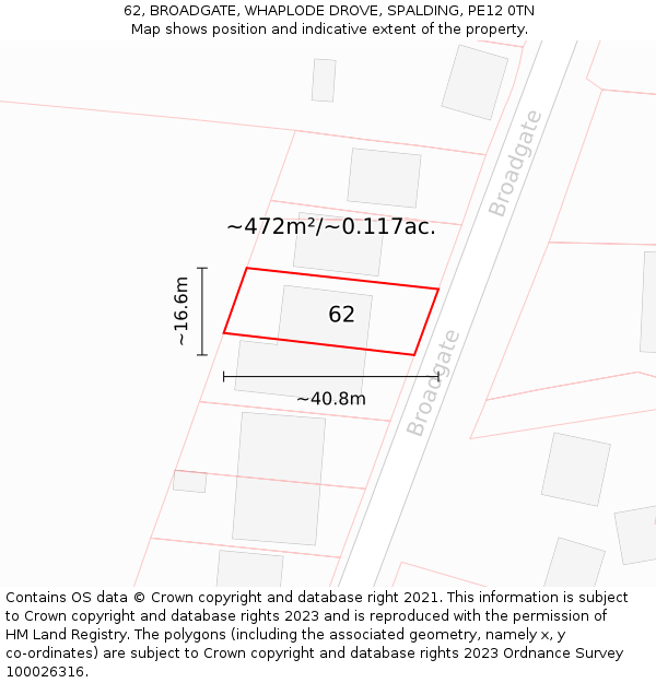 62, BROADGATE, WHAPLODE DROVE, SPALDING, PE12 0TN: Plot and title map