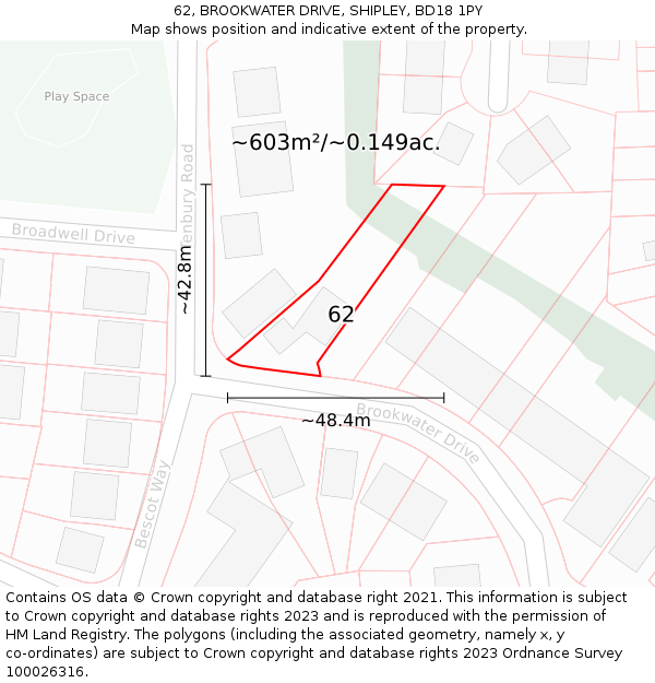 62, BROOKWATER DRIVE, SHIPLEY, BD18 1PY: Plot and title map