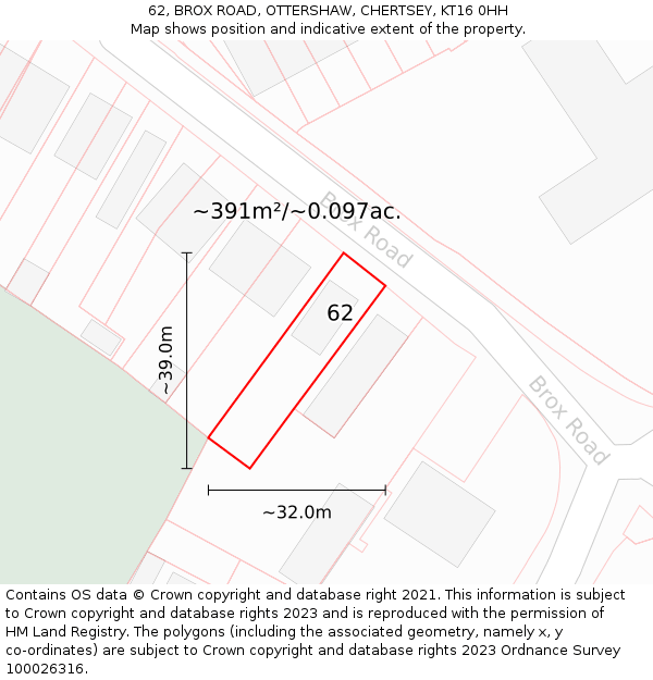 62, BROX ROAD, OTTERSHAW, CHERTSEY, KT16 0HH: Plot and title map