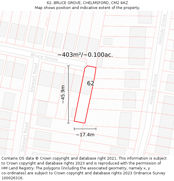 62, BRUCE GROVE, CHELMSFORD, CM2 9AZ: Plot and title map